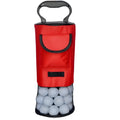 Red detachable portable pick up retriever with nylon zipper bag and plastic handle on grass, holding golf balls