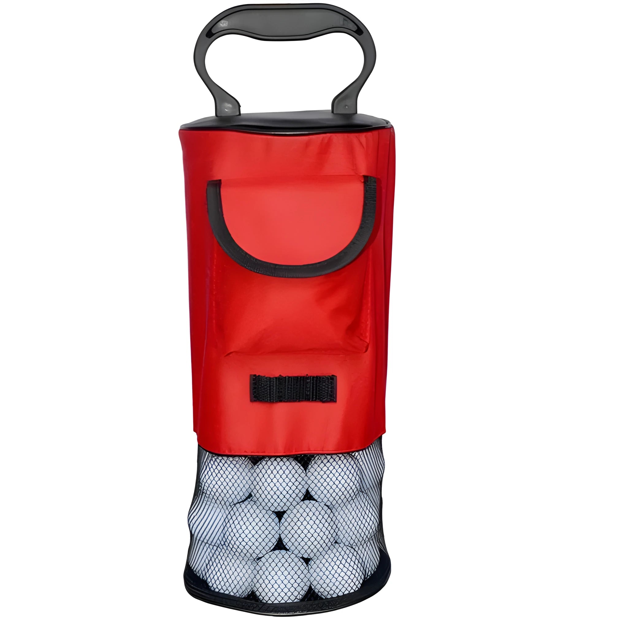 Red detachable portable pick up retriever with nylon zipper bag and plastic handle on grass, holding golf balls