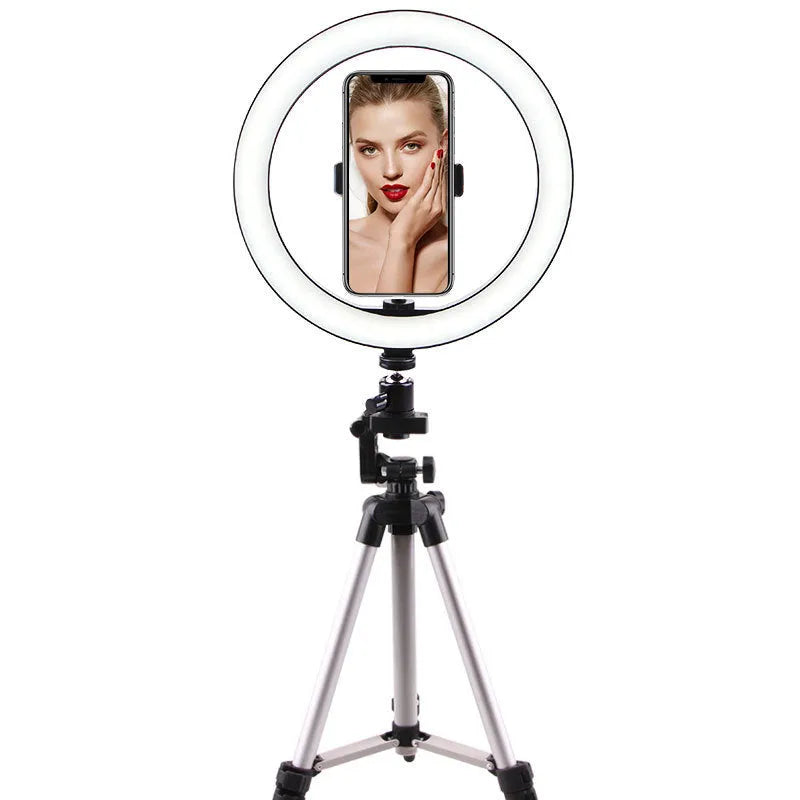 26cm LED ring light on tripod stand with phone clip and Bluetooth remote for smartphone desktop use