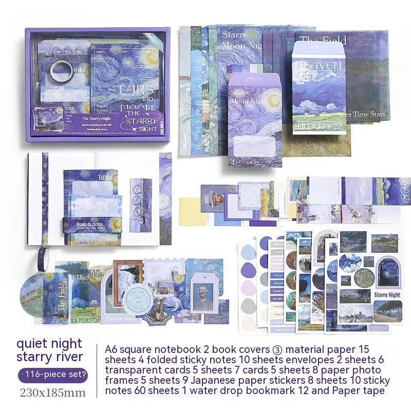 Hand Account Suit creative journal gift box open to show A6 grid notebook, assorted papers, cards, stickers, and a water drop bookmark.