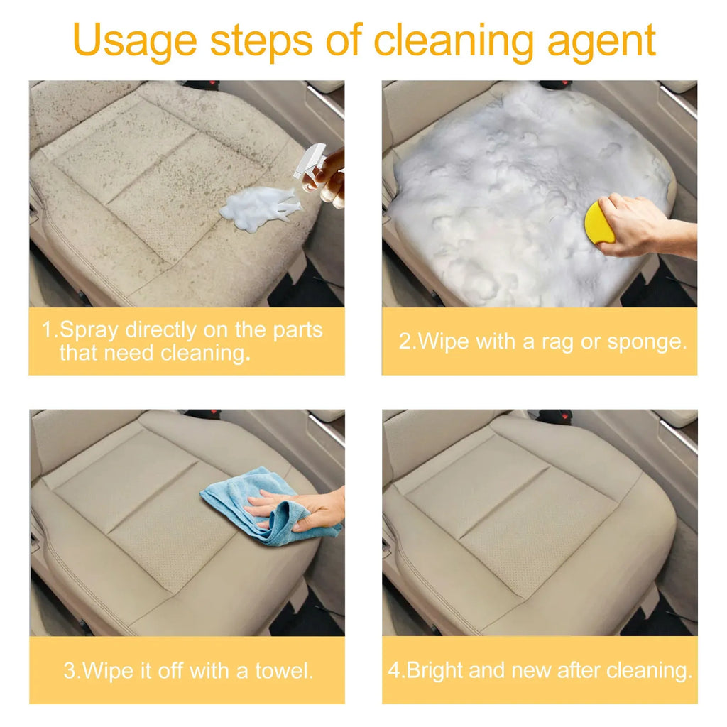 Car interior wash-free foamed cleaner 60ml bottle and foam sponge for upholstery and dashboard cleaning