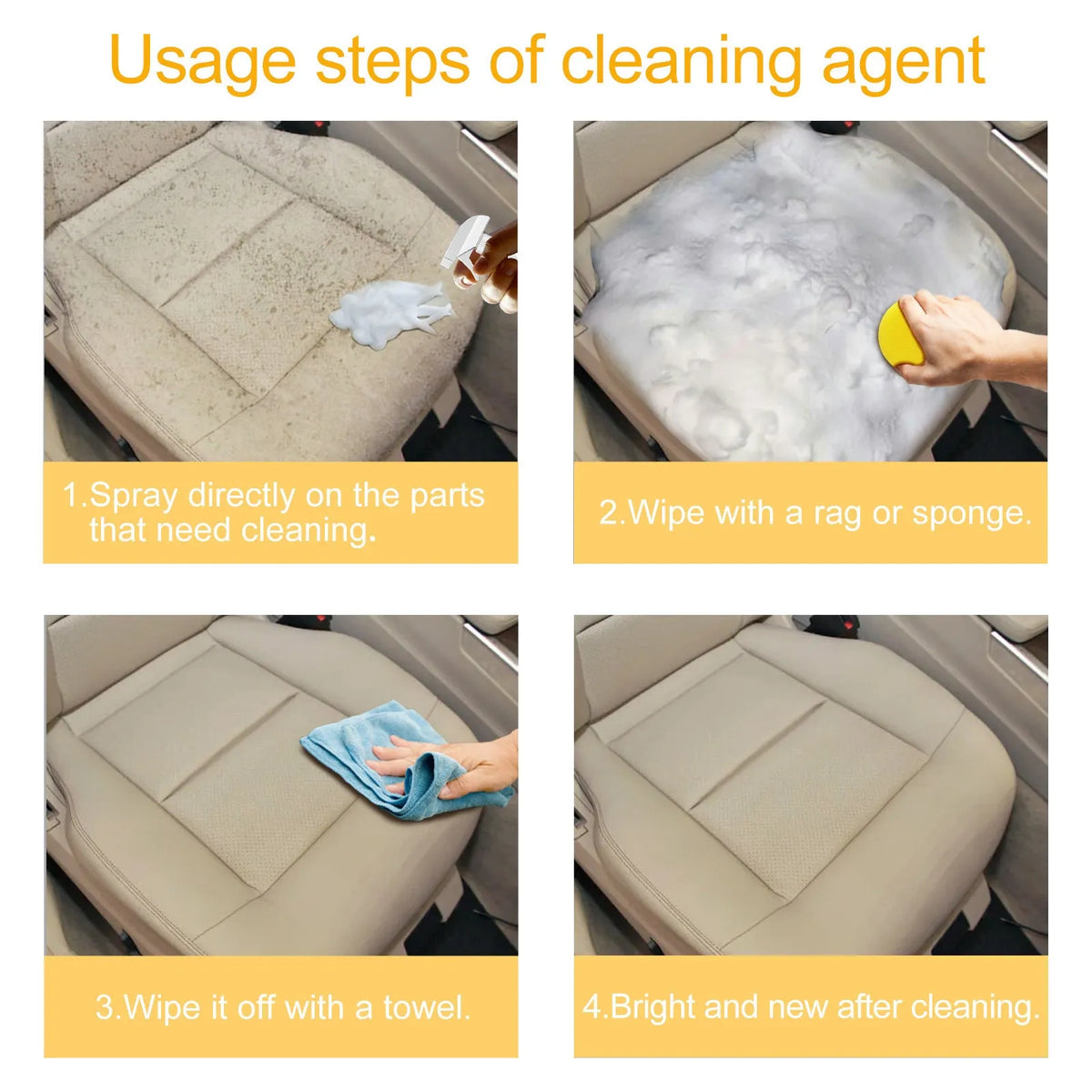 Car interior wash-free foamed cleaner 60ml bottle and foam sponge for upholstery and dashboard cleaning
