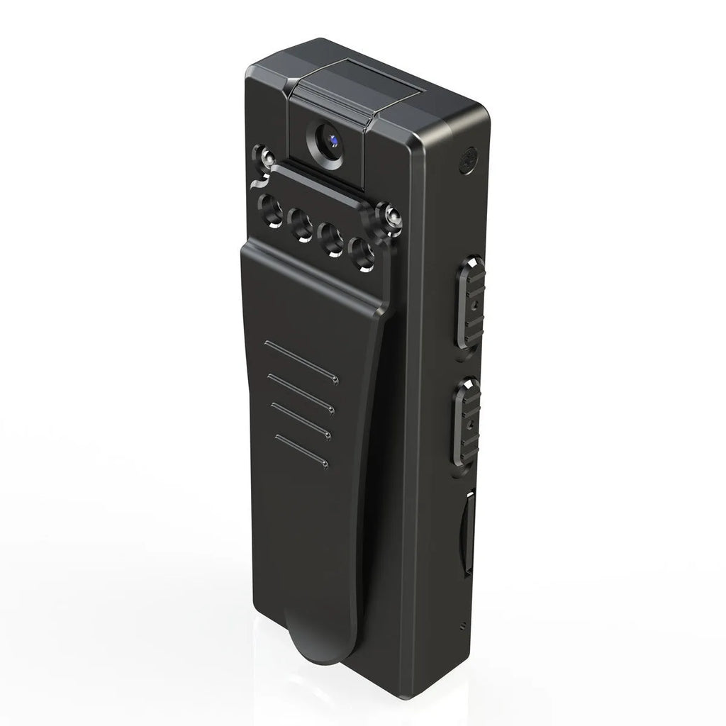 Black 1080p HD DV camera on a stand with a rotated lens, showing its compact design.