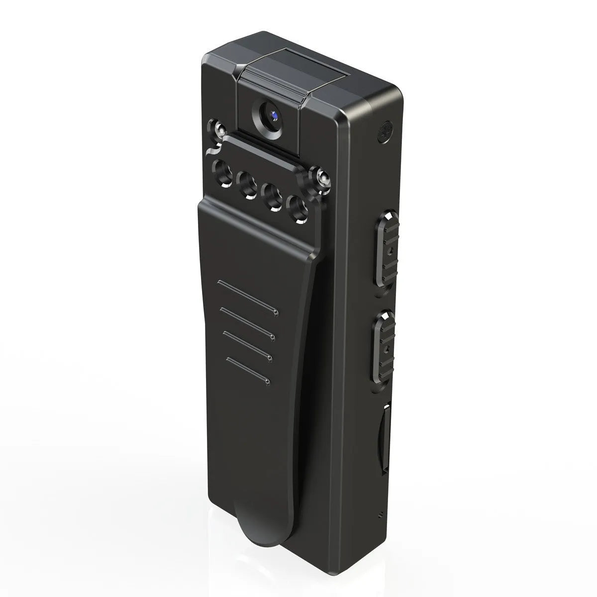 Black 1080p HD DV camera on a stand with a rotated lens, showing its compact design.