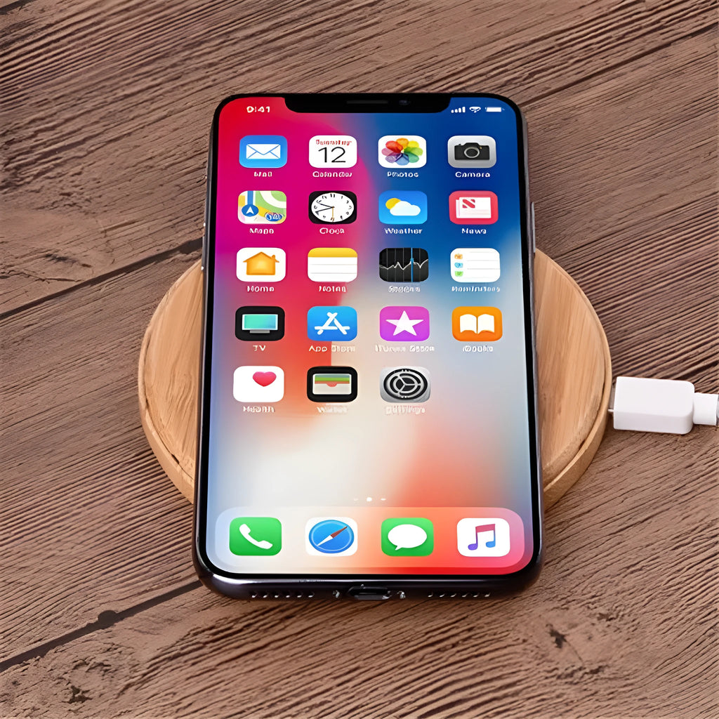 Natural bamboo wireless charger pad on desk with a smartphone placed on it