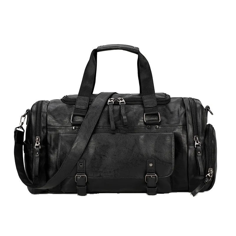 Large black travel bag with a separate shoe compartment, showing PU fabric exterior.