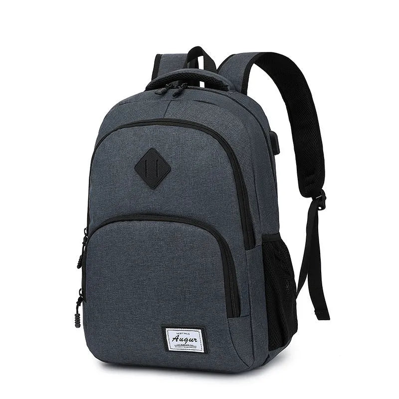 Grey nylon backpack with USB charging port showing dimensions and trolley attachment feature