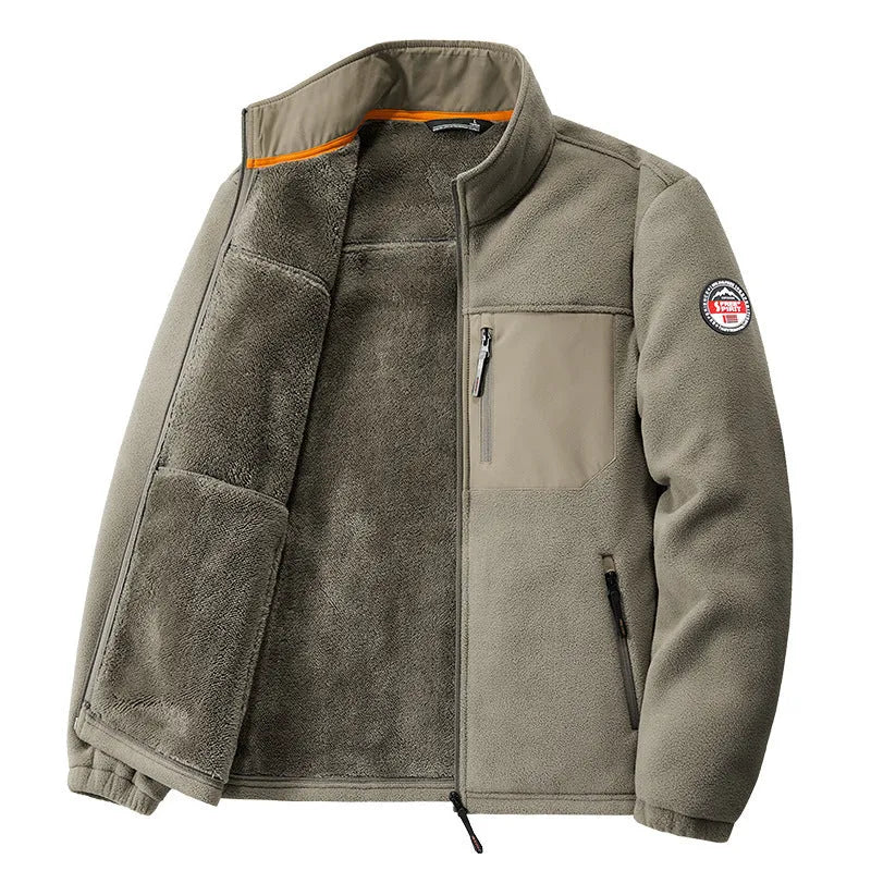 Men's solid colour thickened fleece cardigan jacket with zip pockets