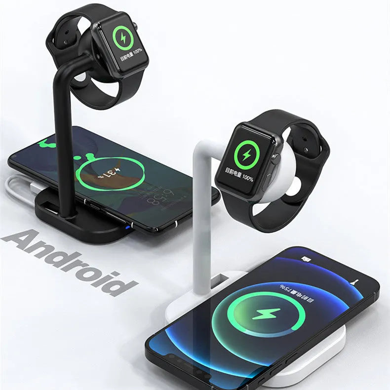 Multi function desktop stand wireless charger in black with indicator light, holding a mobile phone upright
