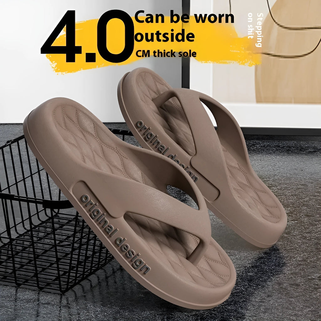 Men's open toe EVA flip flops in multiple colours on a sandy beach background.