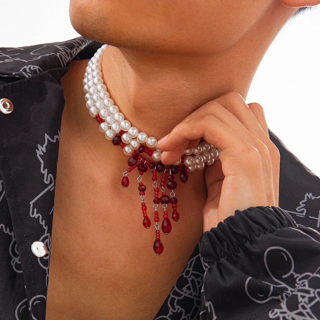 Halloween blood drop tassel necklace with geometric crystal pendant and pearl decoration on adjustable chain