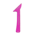 Pink reusable plastic makeup stencil with cut-outs for winged eyeliner, eyebrow arch, and face contour lines on a table.