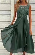 Women's sleeveless green chiffon dress with lace hollow-out detail and a mid-length princess skirt.