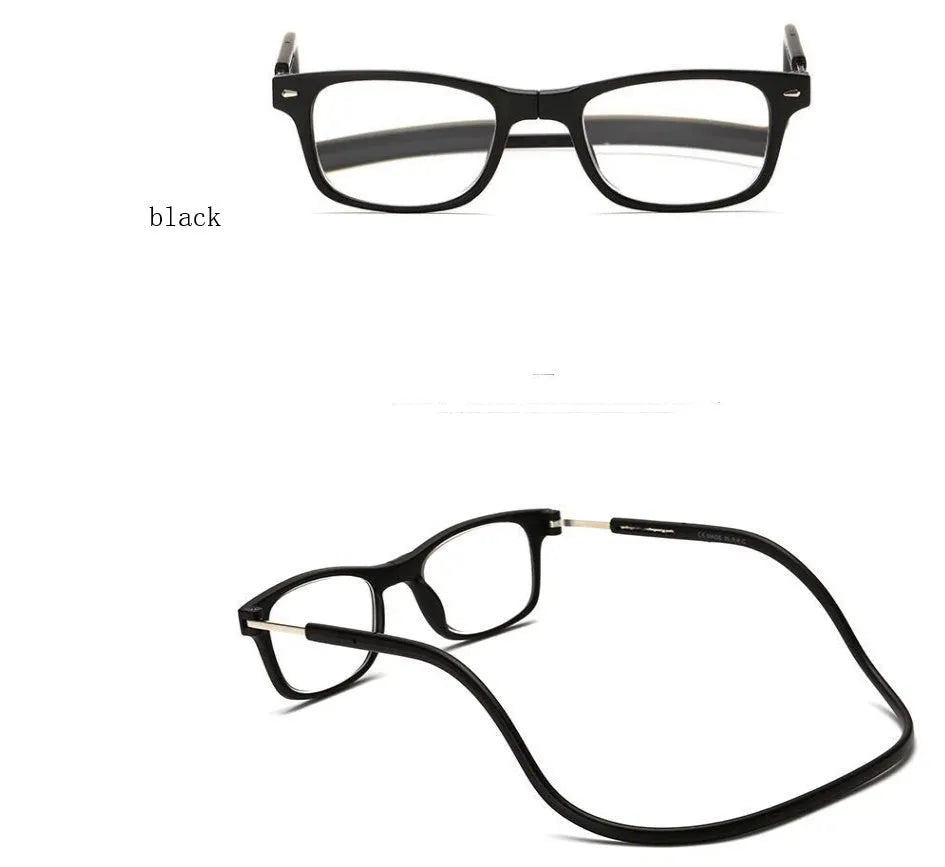 Portable magnetic hang neck reading glasses with pure titanium full frame, adjustable length, gray red legs colour