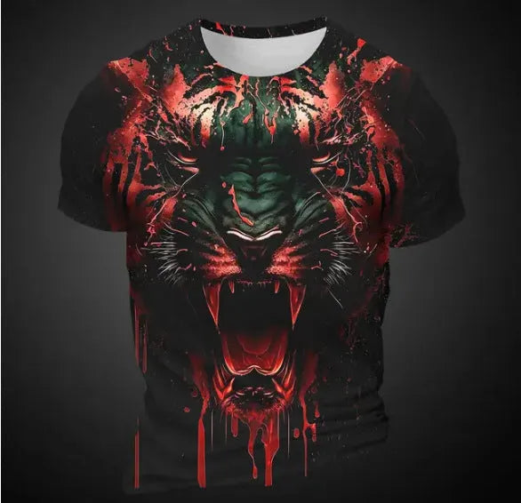 Men's grey T-shirt featuring a detailed 3D tiger head print on the chest, short sleeves.