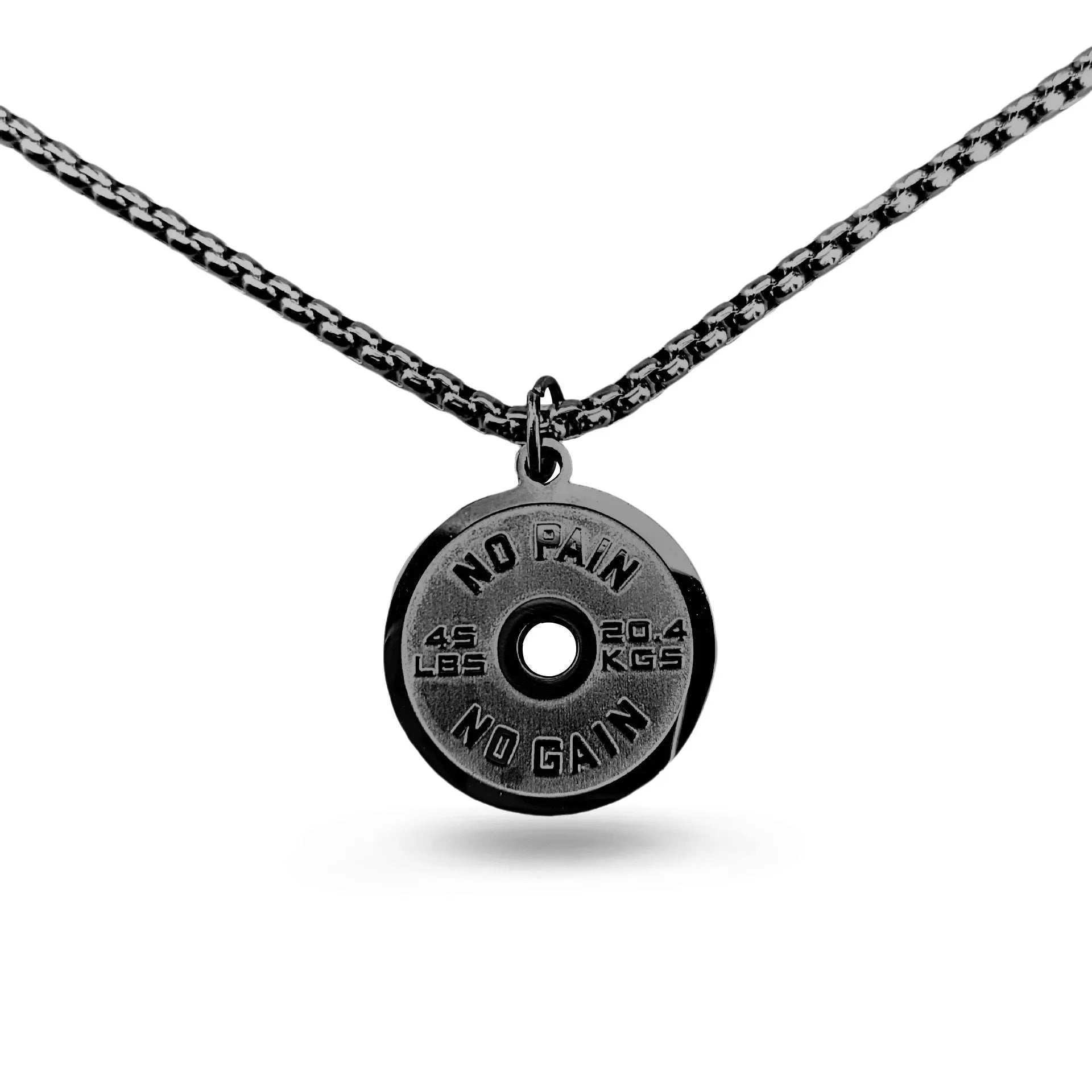 Stainless steel barbell disk pendant necklace with geometric design on 60cm chain