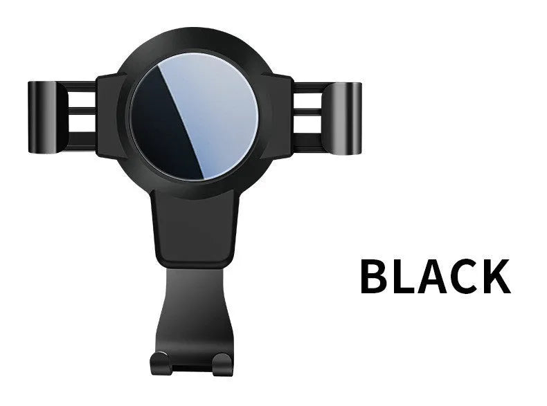 Black ABS car phone bracket mounted on vehicle air conditioning port holding smartphone