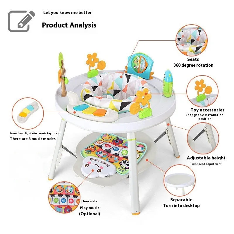 Three-in-one baby jumping chair with plastic rack construction in Yaya duck design with music cushion option