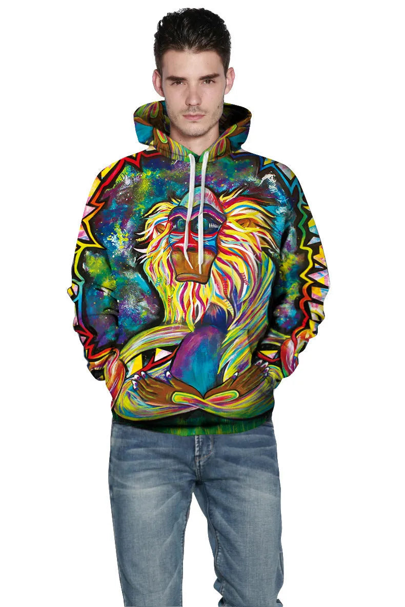 Fashion 3D print monkey hoodie for men and women, polyester, streetwear, sizes S-5XL