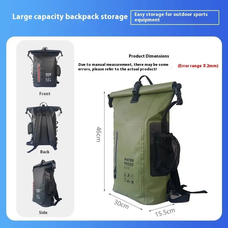 25L PVC waterproof backpack for outdoor sports, shown in black, army green, yellow, orange, and blue