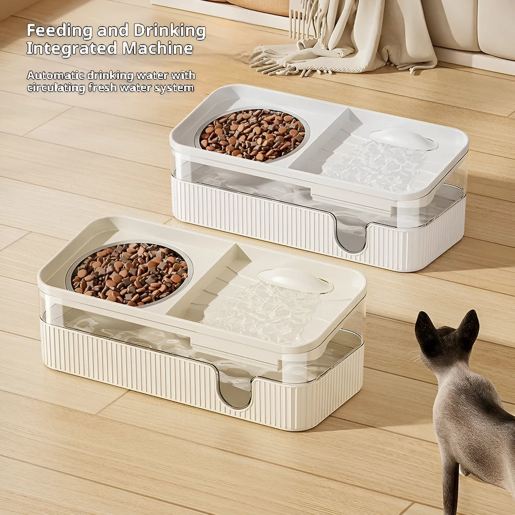 Automatic cat water fountain in cream colour with stainless steel drinking area and PP body