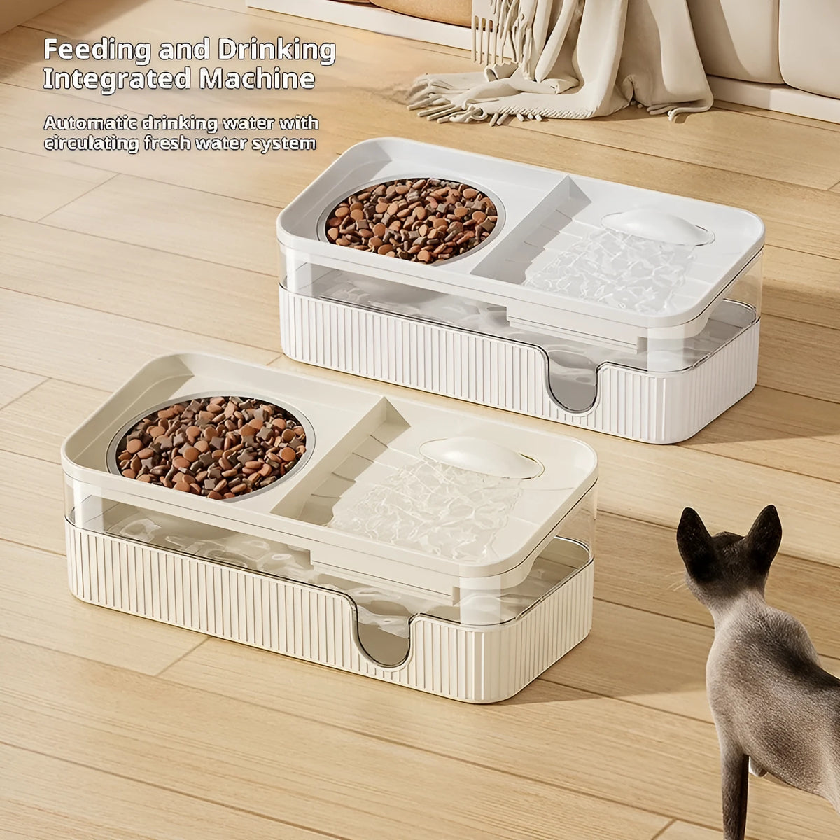 Automatic cat water fountain in cream colour with stainless steel drinking area and PP body