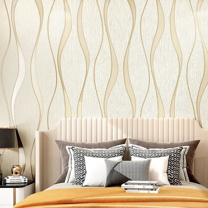 Close-up of light grey 3D stripe wallpaper with thick deerskin velvet texture on a non-woven base.