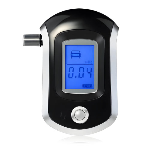 Black pen-type breath alcohol tester with digital screen and five mouthpieces