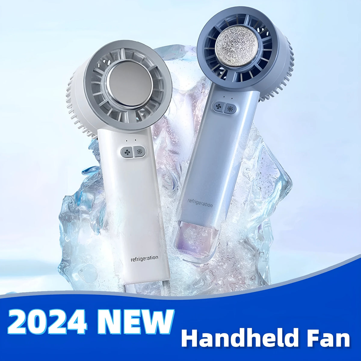 White handheld turbo jet fan with brushless motor, ice-cooling function, and 3 speed gears on a light background