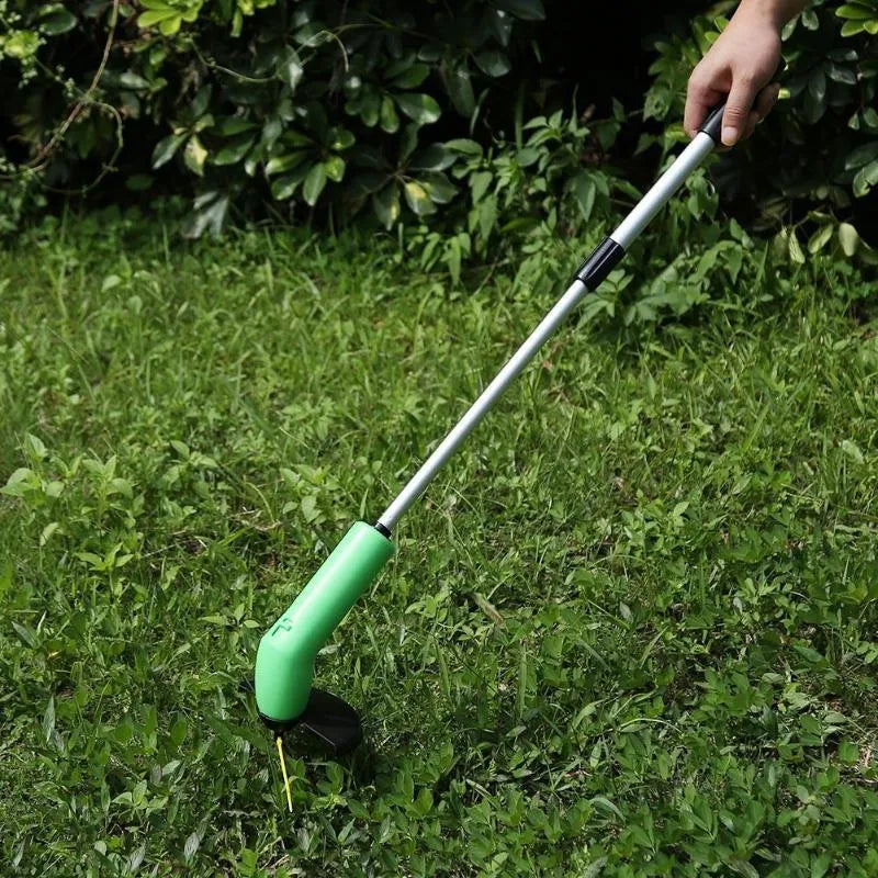 Cordless lawn trimmer with extension pole and protective debris shield for garden maintenance