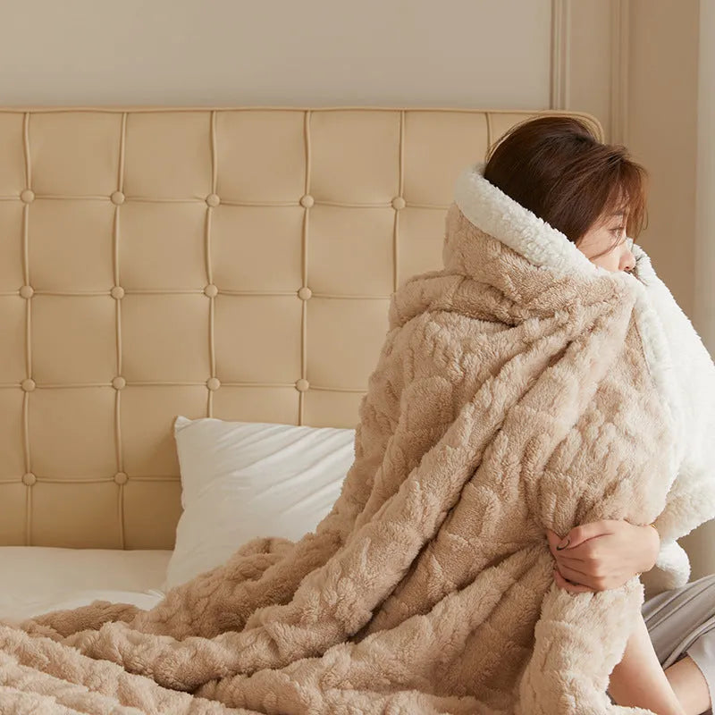 Polyester thermal flannel blanket in beige colour, sized 180cm by 200cm for winter warmth.