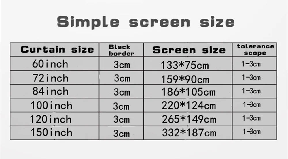 Foldable 16:9 projector screen in white polyester, 60-150 inch sizes, with edge hooks for HD home theatre