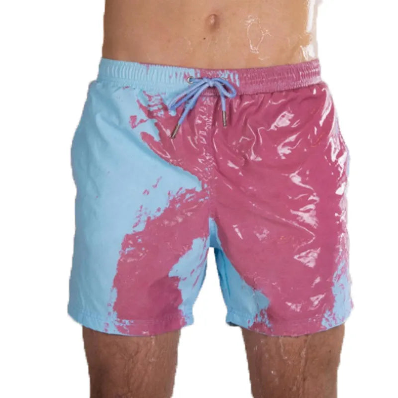 Magical colour-changing beach shorts for men in blue, with drawstring waist and quick-dry polyester fabric