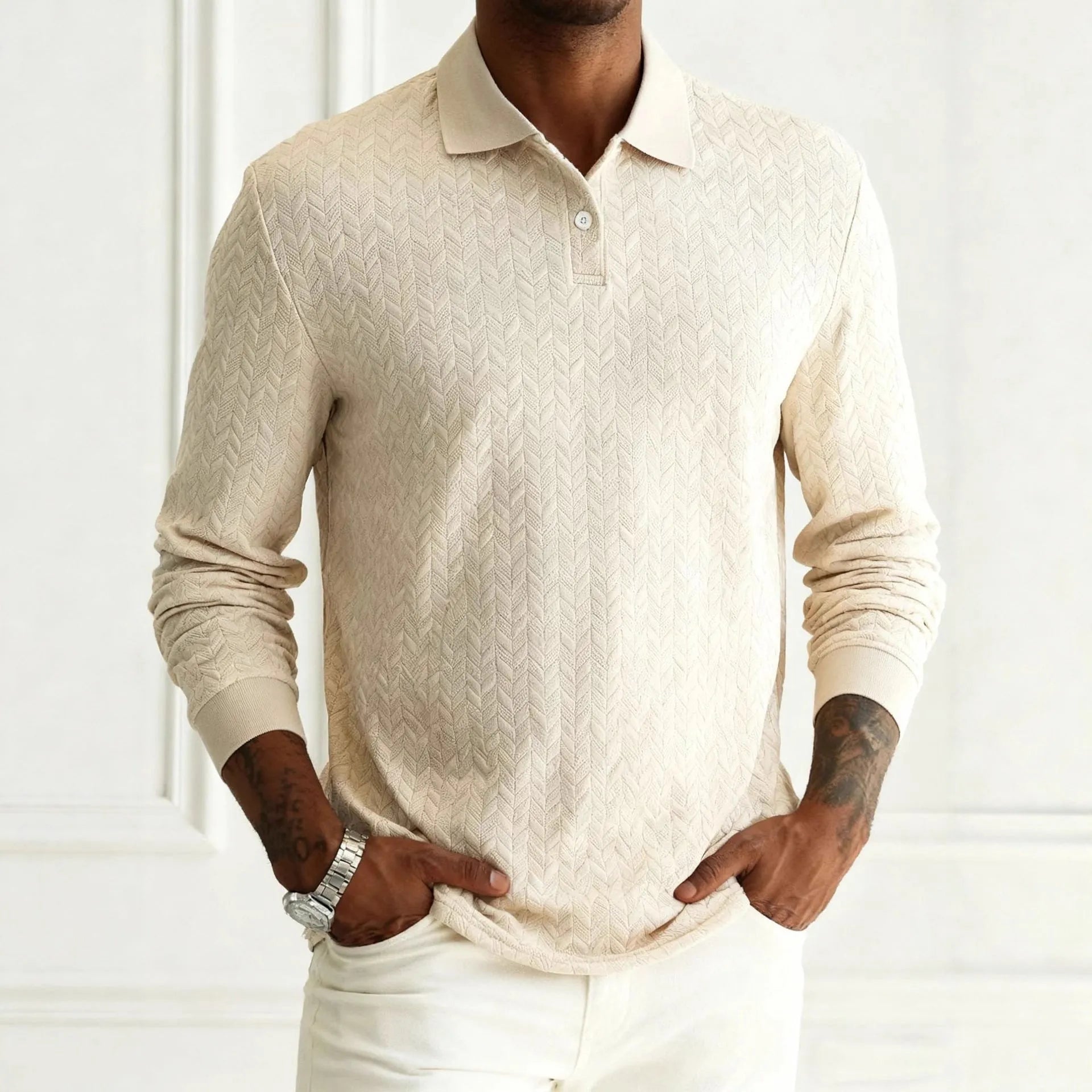Men's solid colour lapel button-front long sleeve top in army green, front view