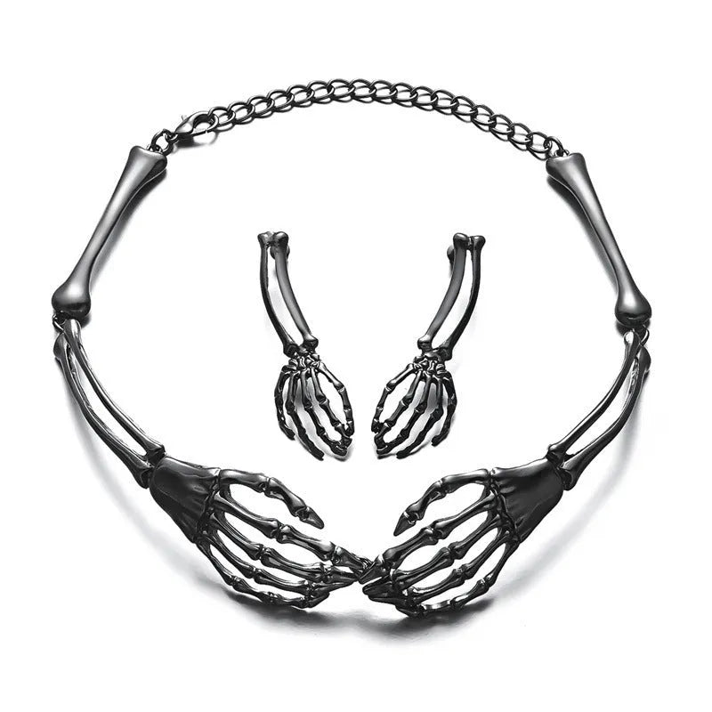 Dark style skull and ghost hand necklace and earring set in alloy with adjustable chain