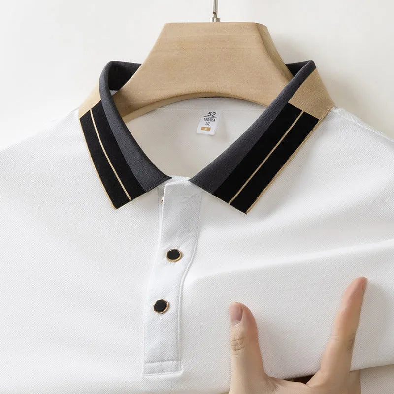 Men's casual solid colour polyester pullover top with lapel short sleeves, regular fit, neutral colours for summer