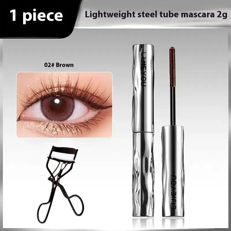 Waterproof steel tube mascara in black and brown colours with optional eyelash curler.