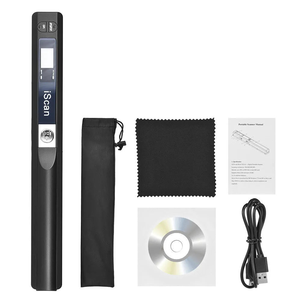 Handheld USB barcode scanner with a black plastic body and rubber grip, connected to a long grey cable.
