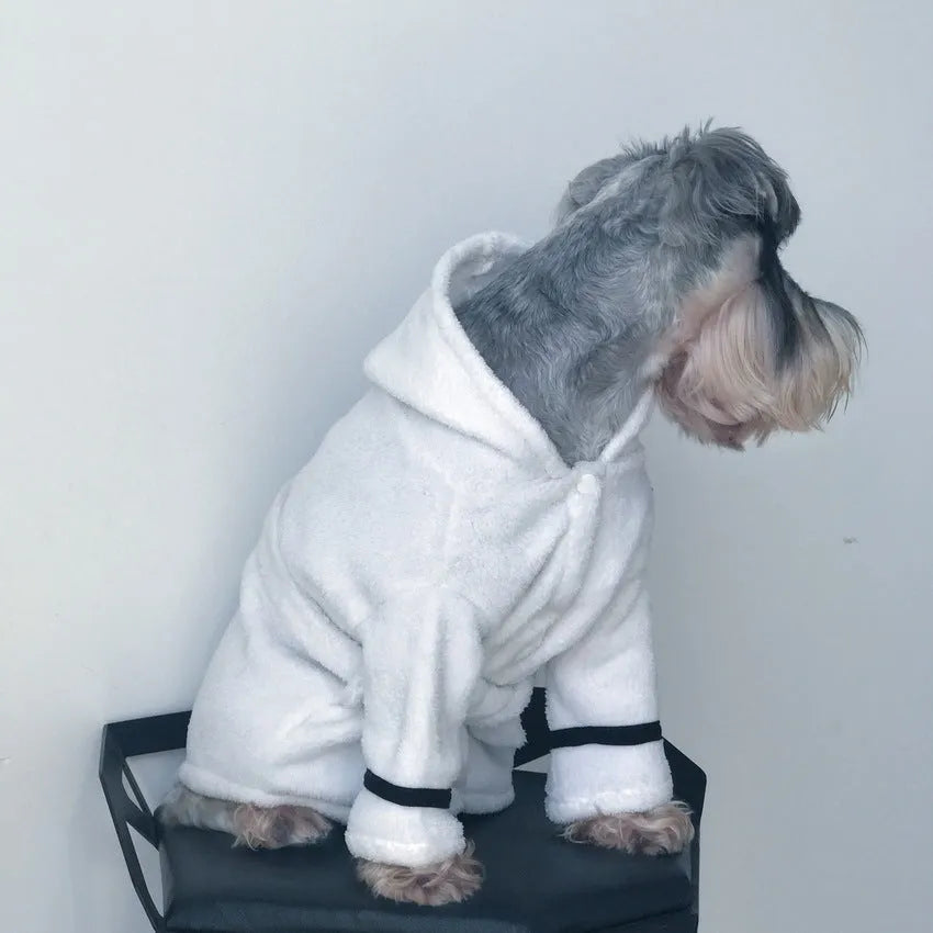 White polyester pet bathrobe pyjama for dogs and cats, available in sizes S, M, L and XL