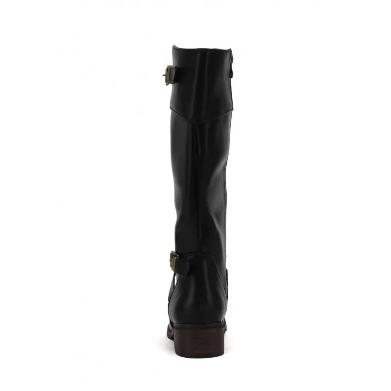 Women's belt buckle high leg boot, mid heel 3-5cm, round toe, artificial PU upper, rubber sole, sizes 34-45