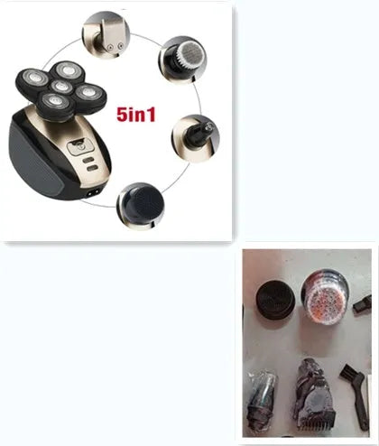 5-in-1 multifunctional electric shaver black gold with floating blades, rechargeable, IPX7 waterproof