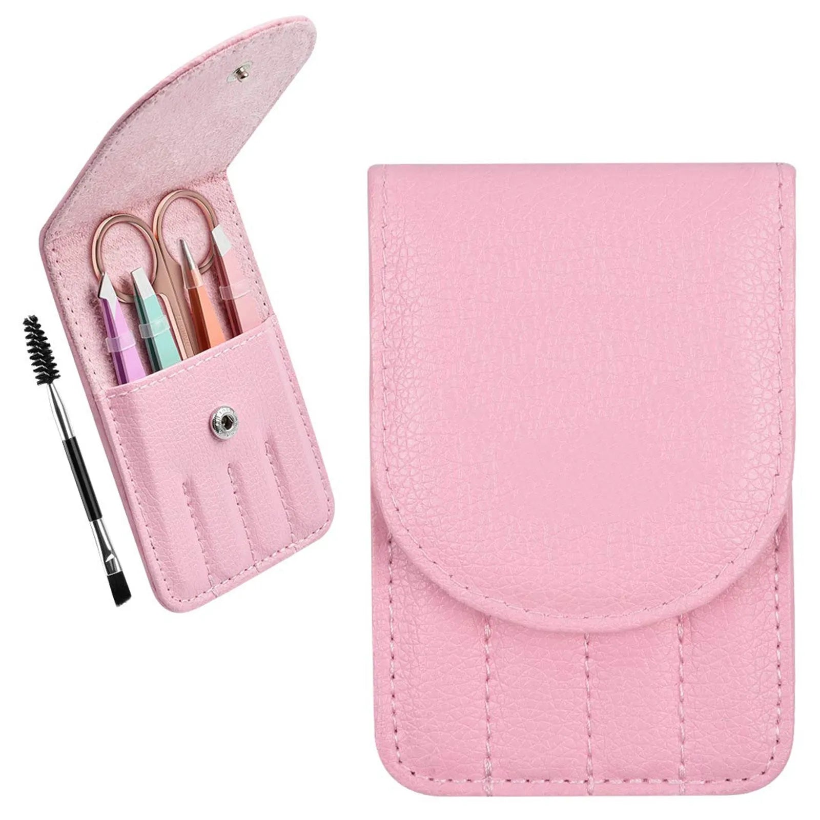 Six-piece stainless steel eyebrow tweezers set with leather case, showing four tweezers, scissors, and a brush.