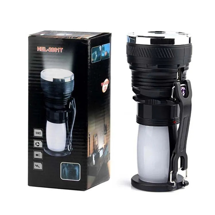 Black solar and USB rechargeable LED flashlight with a press switch.