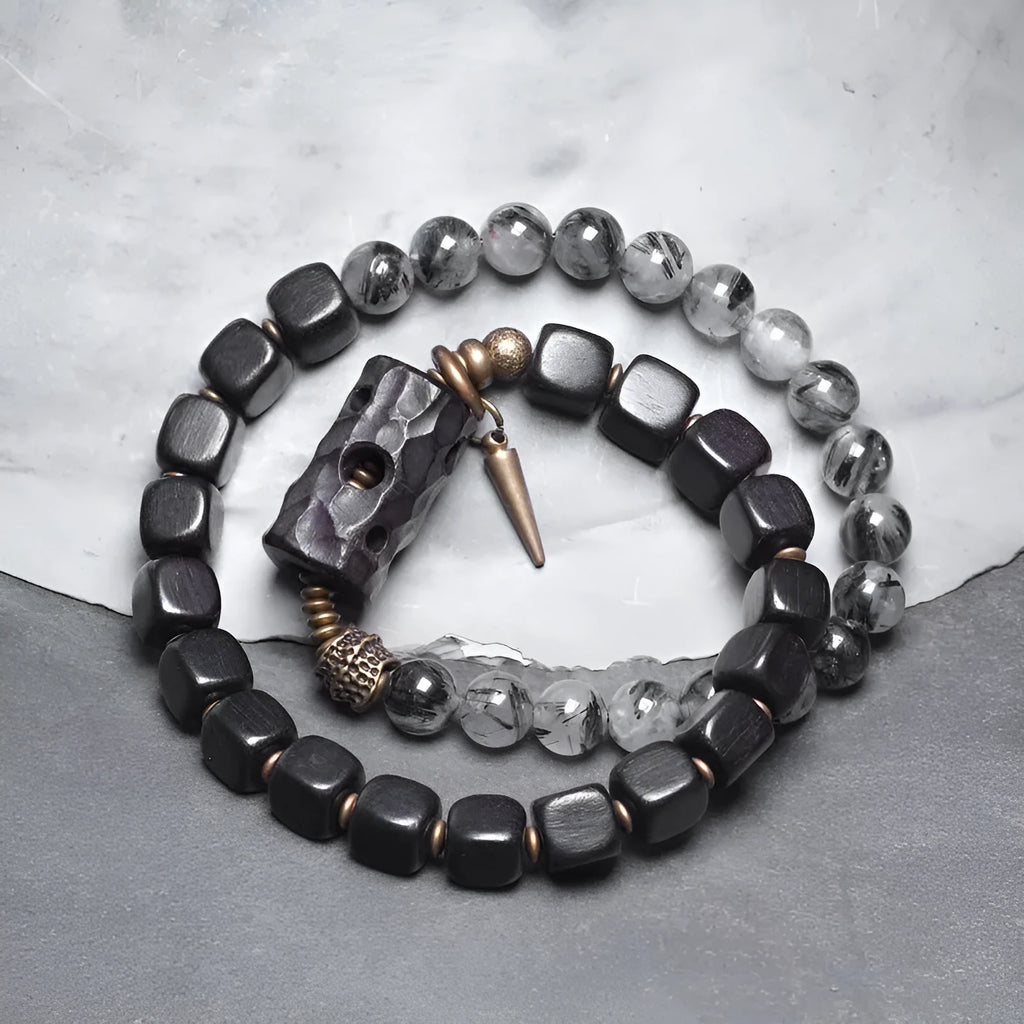 Ethnic style black hair crystal mixed handmade texture bracelet on wrist, unisex free size