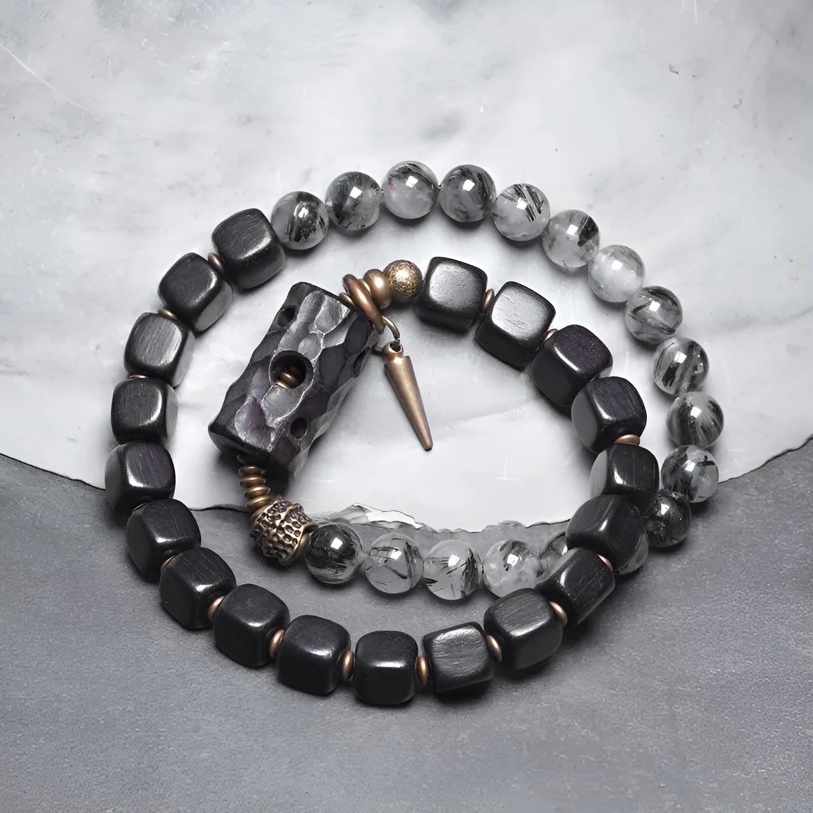Ethnic style black hair crystal mixed handmade texture bracelet on wrist, unisex free size