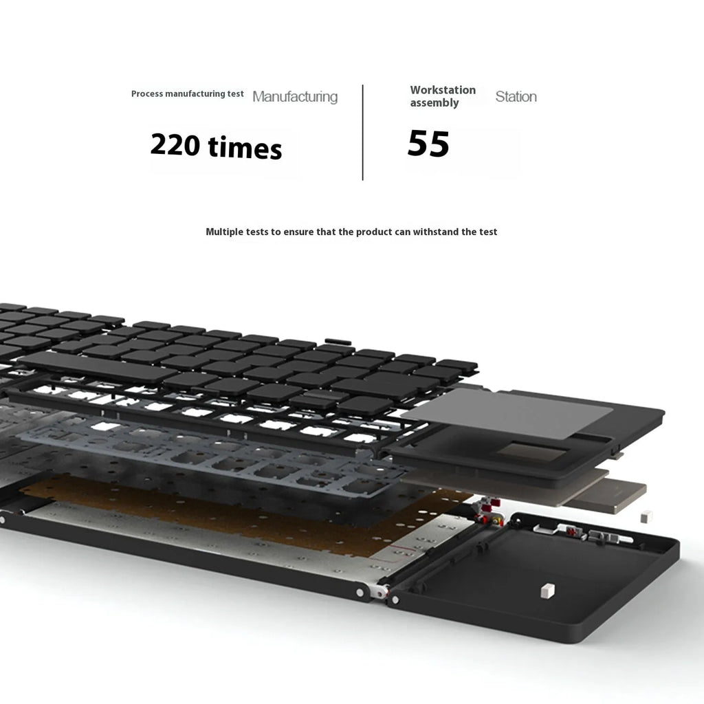 Tri-fold Bluetooth keyboard shown in black colour with dimensions 30.2 x 9.7 x 0.8cm