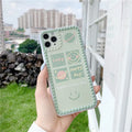 Green TPU iPhone case with geometric smiley face and polka dot pattern on a table.