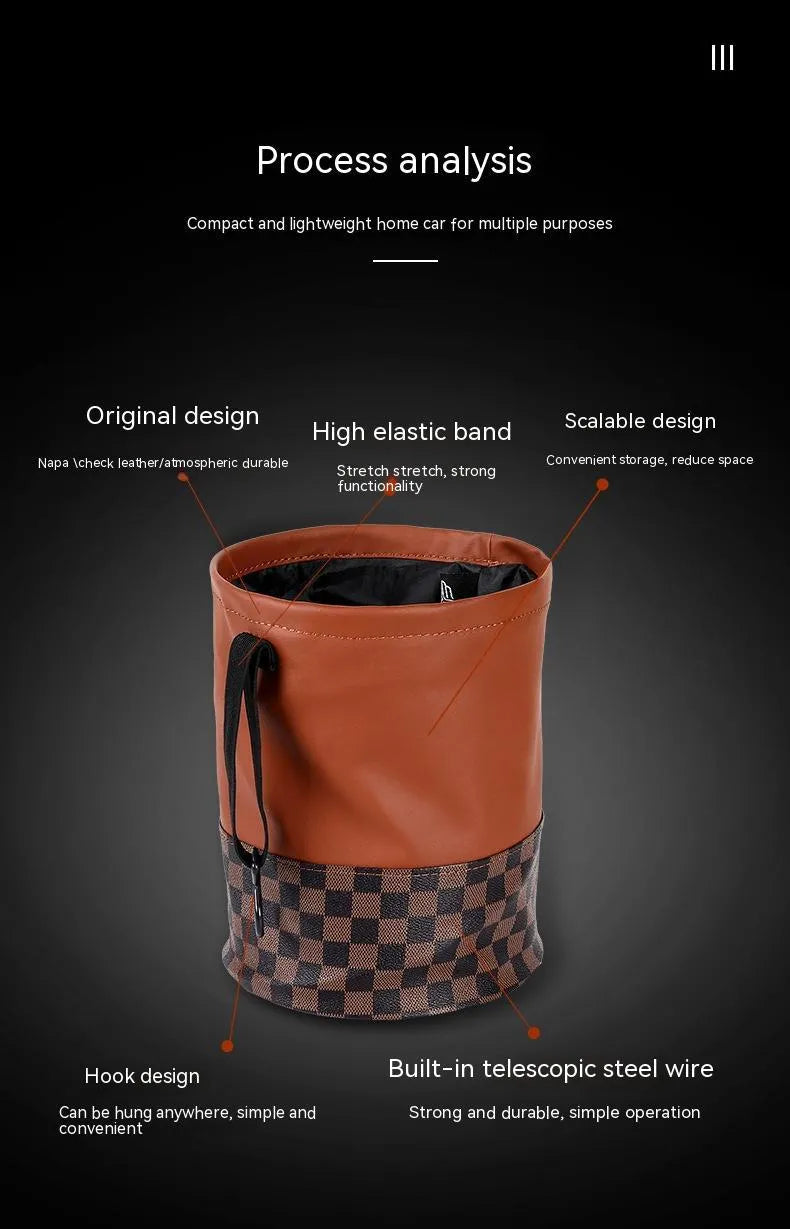 Leather folding car bin with handle for vehicle interior waste collection