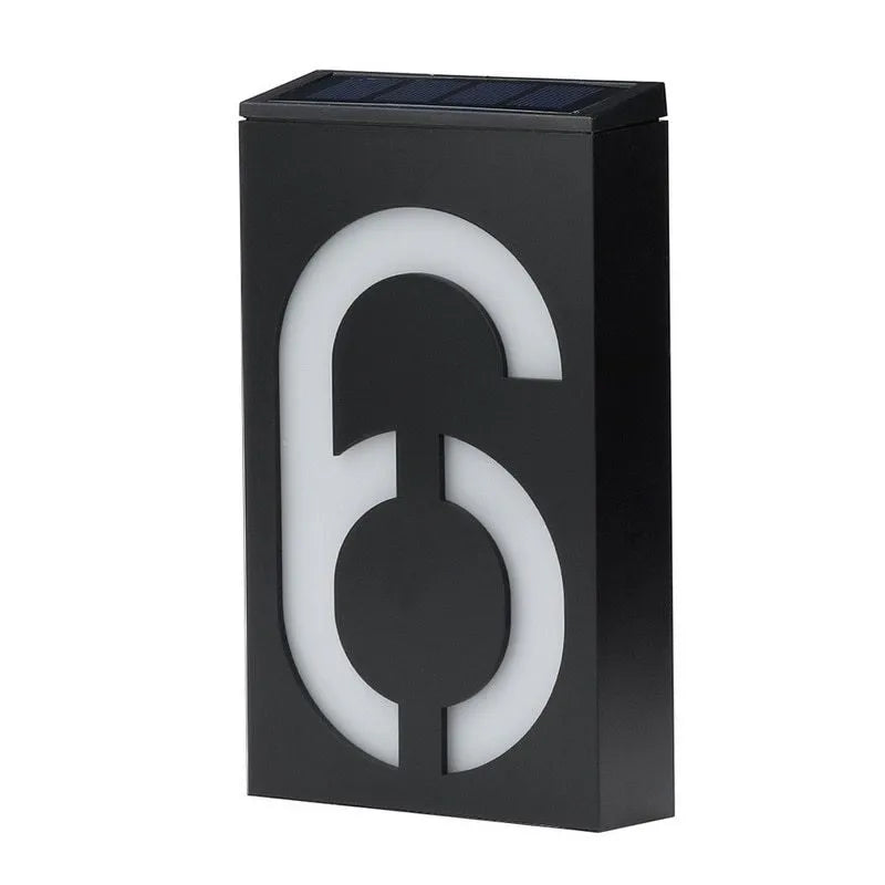 Solar powered outdoor house number light with white LEDs and waterproof ABS housing
