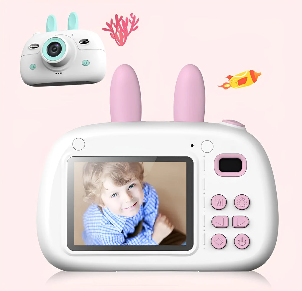 Cartoon rabbit video recorder with 1080P dual camera, double flash, zero focus lens, green or pink body